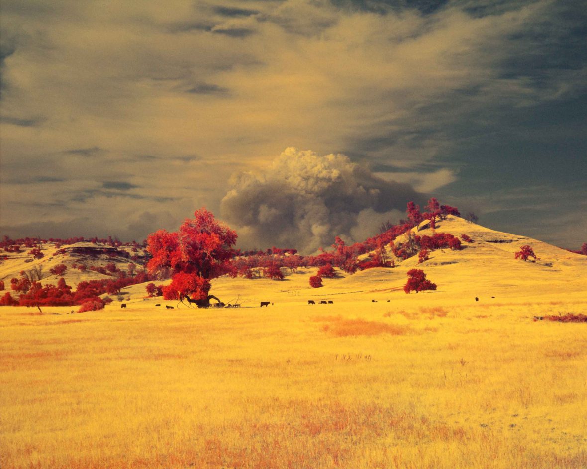 Smoke rises above sandy plains.