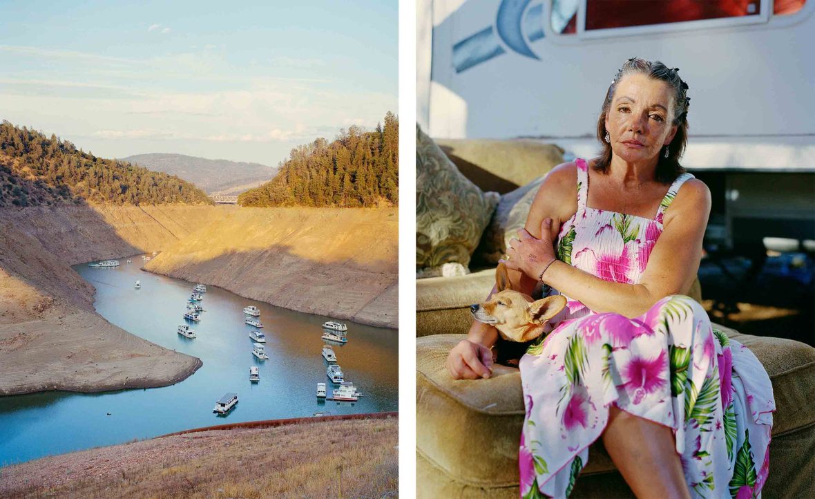 Left: a dam with boats in it. Right: A woman sits, stroking her dogs head.
